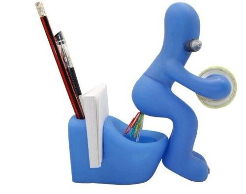 (bleu) Fournitures de bureau - distributeur de ruban adhésif amusant - support - accessoires de bureau amusants et cool avec rouleau de ruban adhésif, trombone, note et stylo