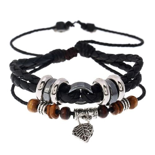 Bracelet En Cuir (Noir) Créatif Avec Breloques En Forme De Feuille Tressée, Tendance Et Personnalisé, Pour Homme