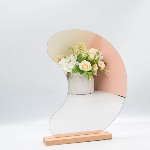 Miroir de maquillage en acrylique en forme de croissant, miroir de coiffeuse sans cadre, miroir de table esthétique, couverts en bois