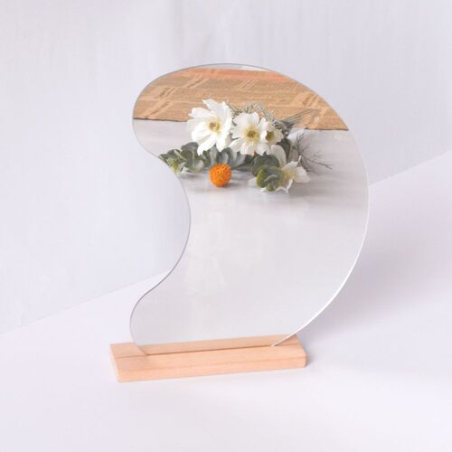 Miroir de maquillage en acrylique en forme de croissant, miroir d'habillage sans cadre, miroir de table esthétique, couverts en bois