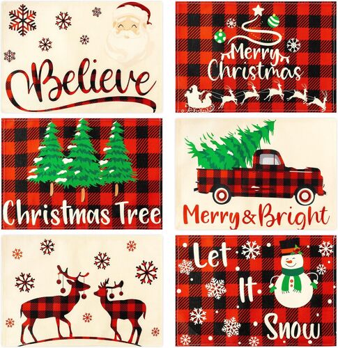 Noël set de table Set de 6 (12 x 18 po) de Buffalo Plaid Brillant Joyeux Noël d'Hiver de Flocon de neige Camion Arbre de Noël Machine Sets de table pour la Fête de Noël de la Maison de Table Décor
