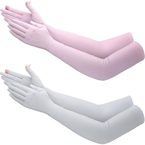 (Rose Et Gris) 2 Paires De Gants De Protection Solaire Longs Anti-Uv Pour Femmes, Gants De Conduite Antidérapants Pour Les Doigts Et Les Bras, Protection Solaire Pour Les Sports De Plein Air