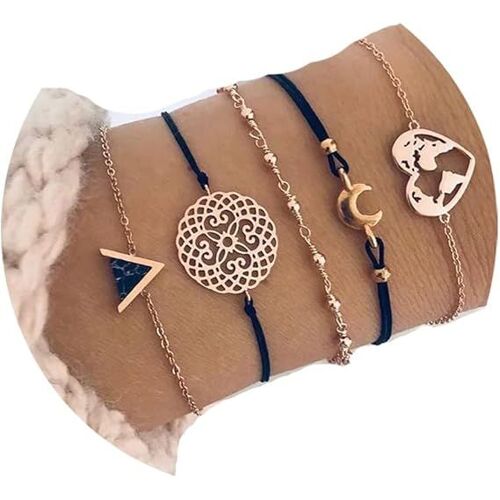 Lot De 5 Bracelets Boho Coeur Et Lune, Bracelets Faits Main Pour Femmes Et Filles