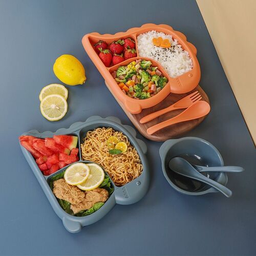 Ensemble (Plaque + Cuillère + Fourchette + Bol À Soupe) Bleu Foncé Dinosaure Silicone Plaque De Bébé Des Aliments Complémentaires Créatif, Les Enfants De Vaisselle En Silicone Cuillère Et De La Fourchette Ensemble-Cadeau