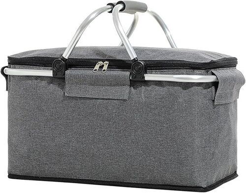 Panier de courses, sac à main, grand panier isotherme pliable avec couvercle, sac à lunch, sac isotherme, panier de pique-nique de camping avec poignée en aluminium (gris) 22 L