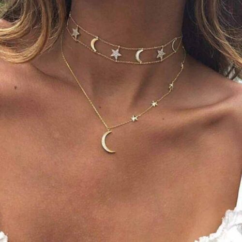 Collier Lune Et Étoiles En Or Pour Femme Ras Du Cou En Or Mode N