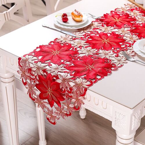 Chemin De Table De Noël Poinsettia Brodé À La Main