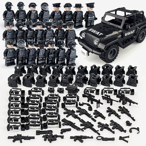 Lot de 22 mini figurines de police Swat noires, Jeep, jouet, cadeau pour enfants