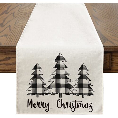 Nappe De Noël - Sapin Noir Et Blanc, 33 X 180 Cm, Nappe Rectangulaire Lavable Et Antitache, Idéale Pour Les Pique-Niques, Les Fêtes De Noël Et La Décoration De Table.