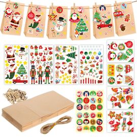 24 ensembles de sacs cadeaux de Noël DIY, sacs à bonbons, calendrier de l'Avent, sacs de Noël, sacs en papier numériques pour emballage cadeau
