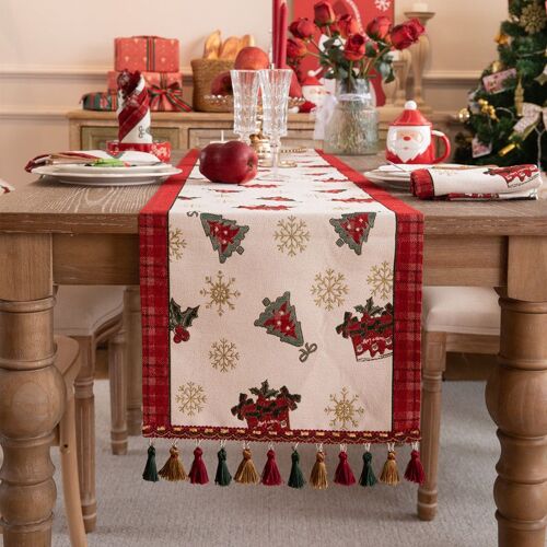 Pièce (boîte cadeau, 35 x 200 cm) chemin de table tissé jacquard motif cerf de Noël, bonnet de Père Noël, pompons, chemin de table, drapeau de chevet, housse de tiroir, meuble TV