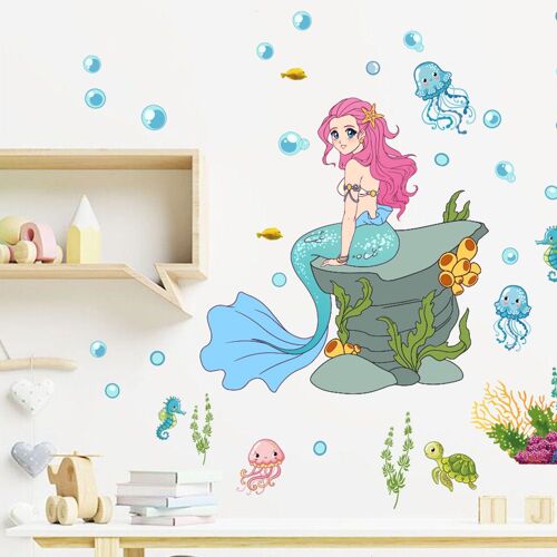 2 stickers muraux sirène pour salle de bain, dessin animé pour enfants, princesse B