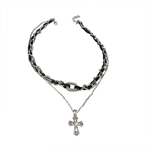 Collier Double Croix En Cuir Avec Diamants, Collier De Créateur, Vêtements Avec Accessoires, Cadeaux De Vacances
