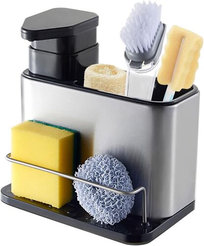 Évier de cuisine Organisateur, Distributeur de Liquide Vaisselle avec une Éponge Titulaire et support de Brosse en Acier Inoxydable Évier de Cuisine en Éponge Titulaire, Multifonctionnel support de Brosse, d'un Évier Organisateur