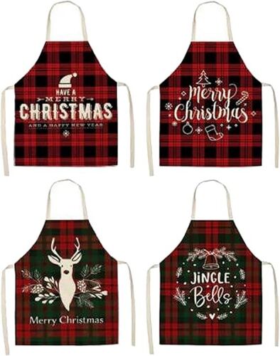 Ensemble de quatre tabliers de Noël en lin (68 x 55 cm), adaptés à la décoration de la maison et de la cuisine.