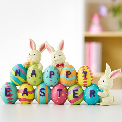 Lapin De Pâques Et Les Carottes En Résine Décoration De Table Avec ""Happy Easter"", La Parole, La Résine De Décoration, Le Lapin De Pâques Et Des Oeufs Figurine Pour La Maison Et Le Bureau, Décoration De Table De Pâques
