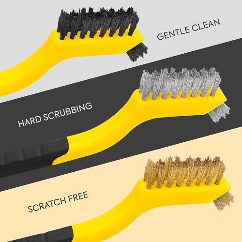 Lot de 3 brosses métalliques en nylon jaune avec manche incurvé, brosses à gratter robustes en acier inoxydable avec manche en hêtre pour le nettoyage de la rouille