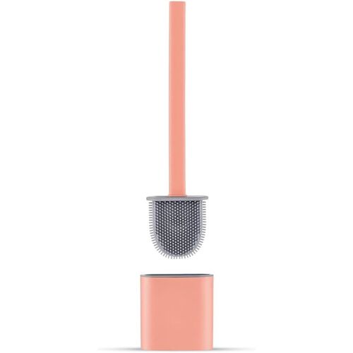 Brosse WC plate en silicone rose - Brosse WC et support, anti-goutte, antibactérienne, brosse WC ventilée, séchage rapide et sans odeur, support de brosse WC mural/sol, salle de bain et toilettes
