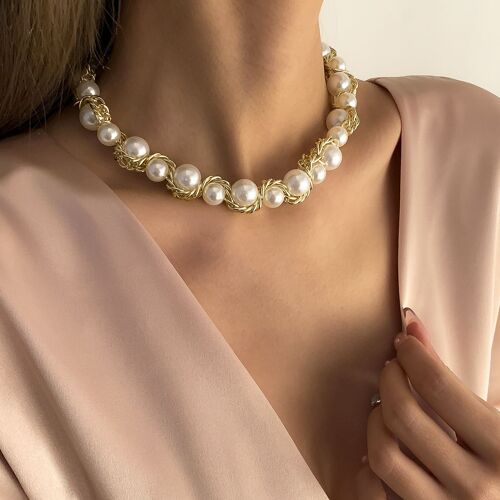 Collier De Perles D'imitation À La Mode À Enroulement Tissé À Une Seule Couche Rétro Européen Et Américain