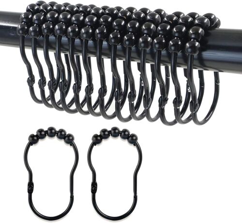 Lot de 24 crochets de rideau de douche noirs avec perles roulantes et Sn
