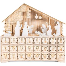 Calendrier de l'Avent phosphorescent (30,7 x 38,1 x 4,8 cm) - 24 tiroirs - Rechargeable - Jesus House - Décoration de Noël - Bois - Éclairage LED