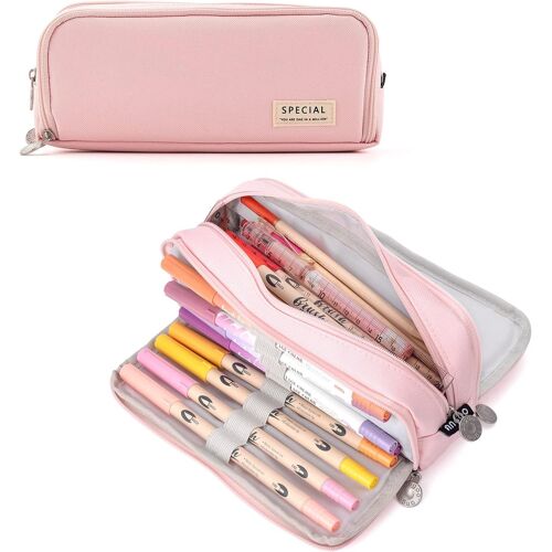 Trousse Scolaire Pour Filles Et Garçons, Grande Trousse À 3 Compartiments, Trousses Pastel Pour Femmes Et Hommes (Rose)