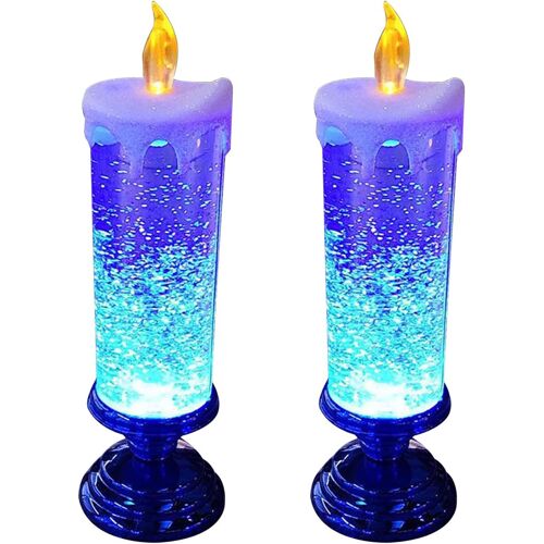 Lot De 2 Bougies De Noël Led Avec Socle (Bleu), Bougies De Noël Décoratives Avec Socle, Remplissage Pailleté Interchangeable, Bougies De Noël