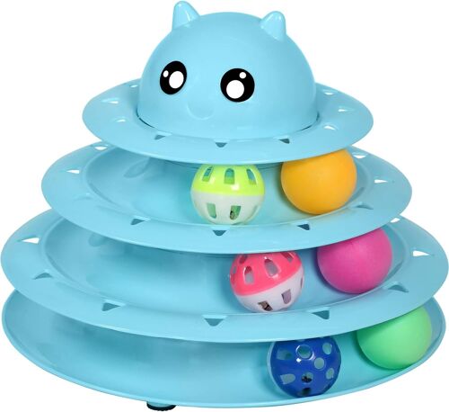 Jouet Pour Chat À Roulettes, Plateau Tournant À 3 Niveaux, Balle Avec Six Balles Colorées, Interactif, Amusant, Exercice Physique Et Éducatif. (Bleu, 1 Pièce)