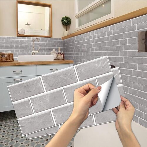 (Gris) Carrelage De Cuisine Autocollants, 12 Pcs Auto-Adhésif De Tuile Autocollants, Imperméable De Pvc De Mosaïque Stickers, Adhésif De Tuile De Mur Stickers Pour Salle De Bain Et Cuisine