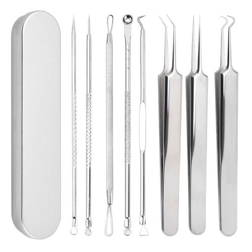 Outils De Suppression Des Points Noirs Acné Blemish Pimple Extractor Aiguille Facial Blackhead Comedone Clip Pince À Épiler Avec Boîtier En Métal (8 En 1) 
