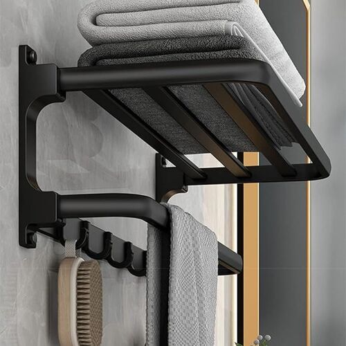 Porte-serviettes mural sans perçage 58 cm, auto-adhésif, avec 5 crochets, pour salle de bain et cuisine, noir
