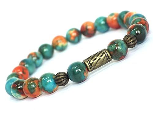 1 Bracelet Tibétain Vintage Pour Femme Avec Perles De Jade Blanc Naturel Et Perles En Bronze Antique Teintées En Marron, Orange Et Bleu