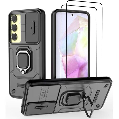 Coque pour Samsung Galaxy A35,Housse avec Verre Trempé [2 Pièces] + Couvercle de Caméra Coulissant,Coque Antichoc avec Béquille-Noir