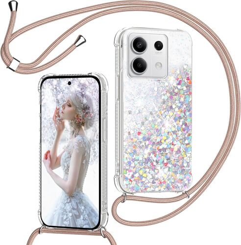 Coque pour Xiaomi Redmi Note 13 4G(Pas pour 5G) avec Cordon, Paillette Étui pour Téléphone avec Lanière, Transparent Silicone Collier Réglable Protection Housse Portable Lanyard Case, Or Rose