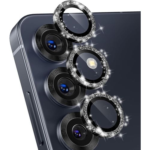Pailleté Protection Objectif Caméra Pour Samsung Galaxy S25 6,2"", Ar+Af Verre Trempé & Bling Alliage Aluminium Anneau, Anti-Rayures 9h Caméra Protecteur [Pas Pour S25+], Glitter Noir