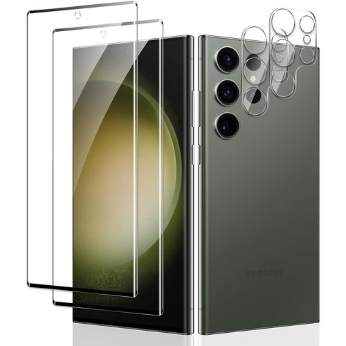 Sjzg-[2+2 Pièces] Verre Trempé Pour Samsung Galaxy S23 Ultra Pouces, 2 * Protecteur D'écran Et 2 * Caméra Arrière Protecteur, Dureté 9h Film Protecteur Vitre, Anti-Rayures, 3d Incurvé Couverture Comp