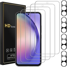 4+4 Pièces Verre Trempé pour Samsung Galaxy A54 4G/5G, 4 Pièces Film Protection écran et 4 Pièces Caméra Arrière Protecteur, Anti Rayures Dureté 9H Glass Sans Bulles