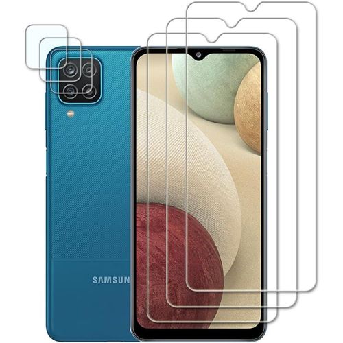 Pack 3 Verres Trempés + 3 Protections Caméra Pour Samsung Galaxy A12 - 9h Anti-Rayures, Bords 2.5d, Haute Sensibilité, Lingettes & Stickers Inclus