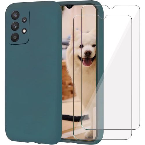 JGD-Coque Compatible avec Samsung Galaxy A13 4G + [2 Pièces] Protection d'écran en Verre Trempé, Housse Silicone TPU Liquide - Vert Nuit Foncé