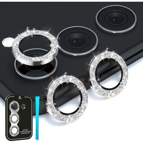 Paillettes Caméra Arrière Protecteur Pour Samsung Galaxy S24 / S23 / S23 Plus, Anneau Alliage Aluminium & 9h Verre Trempé, Bling Hd Protection Pour Objectif [Pas Pour S24+], Diamant Argent