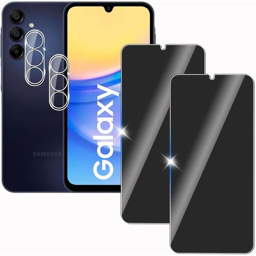 Pack 2+2 Verre Trempé Confidentialité Pour Samsung Galaxy A15 ¿ Protège-Écran Anti-Espion 9h + 2 Protections Lentille, Anti-Rayures, Haute Sensibilité, Pose Facile