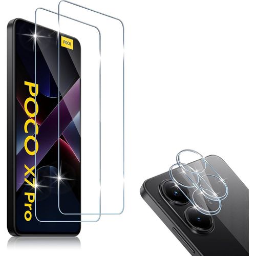 CAUC-Compatible avec Xiaomi POCO X7 Pro 2 Pièces Verre Trempé + 2 Pièces Caméra Arrière Protecteur, 9H Dureté HD sans Bulles Anti-Huile Protection Décran + Caméra Arrière Protecteur