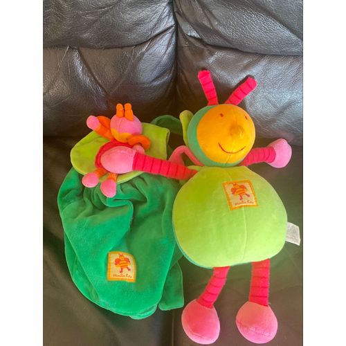 DOUDOU PELUCHE MOULIN ROTY ABEILLE LOUNA VERT ROSE 30CM + SON SAC A DOS
