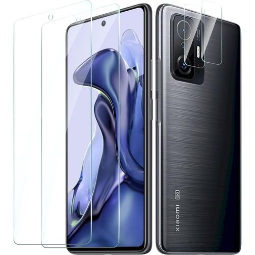 2 Pièces Protection Écran Verre Trempé Pour Xiaomi 11t/11t Pro Avec 2 Pièces Protecteur D'objectif De Camera Arrière, Vitre Protection Film Dureté 9h Glass, Sans Bulles, Anti Rayures