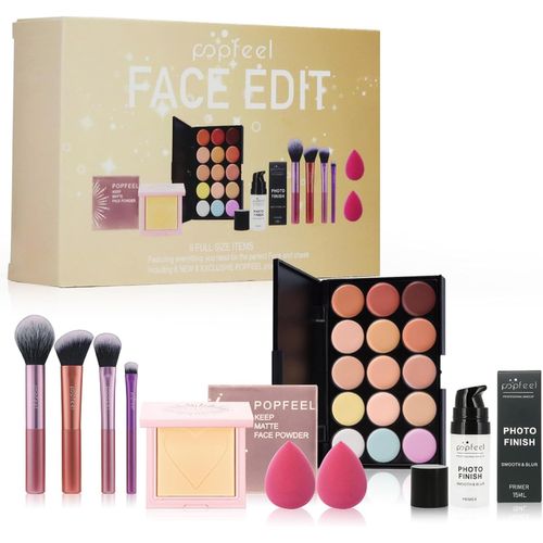 Sept-Kit De Palette De Maquillage, 15 Couleurs Palette Correcteur De Teint Anti-Cernes Contour Palette,Apprêt, Poudre Pressée, Longue Tenue À Haute Couverture Avec 11pcs Pinceau De Maquillage 