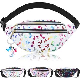 SJZG-Sac Banane Holographique Femme, Sacoche Banane Ville Imperméable Cuir Pu, Sac De Taille Réglable Avec Pendentif Papillon Porte-Clés Pour Filles Voyage Randonnée Camping Les Activités De Plein Ai