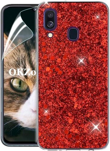 KAL-Coque Samsung Galaxy A40 [Avec Film De Protection Écran Hd], Étui En Silicone Souple Brillante Glitter De Luxe Bumper Housse Etui De Protection Pour Galaxy A40 (Rouge)