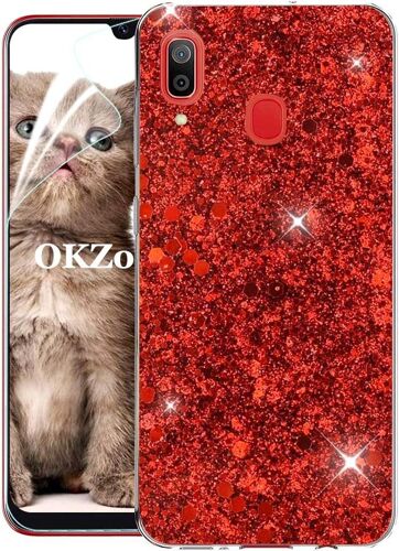 KAL-Coque Samsung Galaxy A20 / A30 [Avec Film De Protection Écran Hd], Étui En Silicone Souple Brillante Glitter De Luxe Bumper Housse Etui De Protection Pour Galaxy A20 / A30 (Rouge)