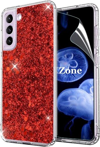 KAL-Coque Pour Samsung Galaxy S21 Fe [Avec Film De Protection Écran Hd], Mince Étui En Silicone Souple Paillette Strass Brillante Bling Bling Glitter De, Flexible Plein-Corps Tpu (Rouge)