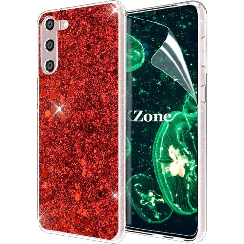 SJZG-Coque Pour Samsung Galaxy S22 [Avec Film De Protection Écran Hd], Mince Étui En Silicone Souple Paillette Strass Brillante Bling Bling Glitter De, Flexible Plein-Corps Tpu (Rouge)